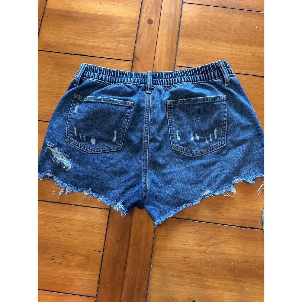 Aerie Womens Medium Distressed Denim Shorts Elastic Back High Rise Cut Off Blue - Picture 5 of 6